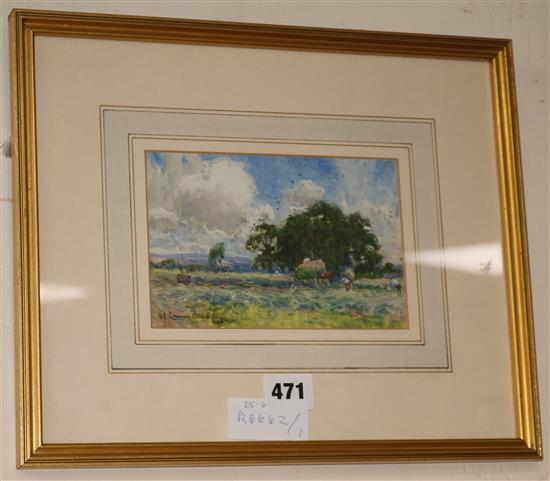 Samuel John Lamorna Birch, watercolour, The Harvesters, signed, 11 x 17cm